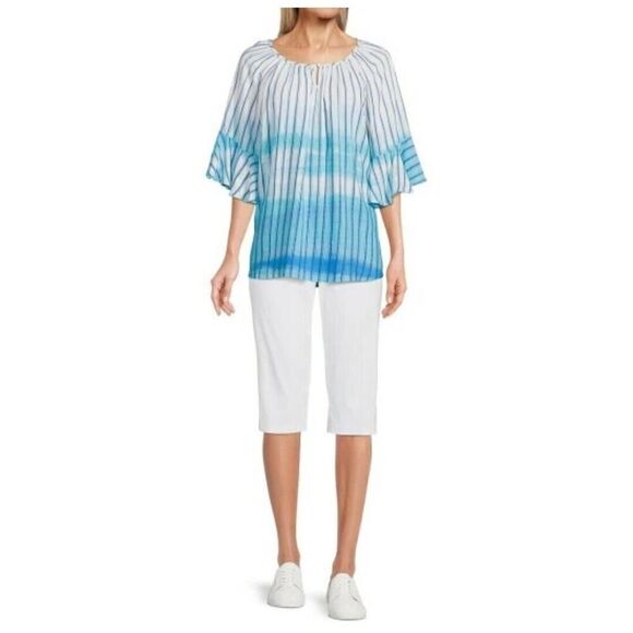 Allison Daley Petite Large Vertical Stripe Ombre Blue Print 3/4 Flutter Sleeve - Picture 3 of 5